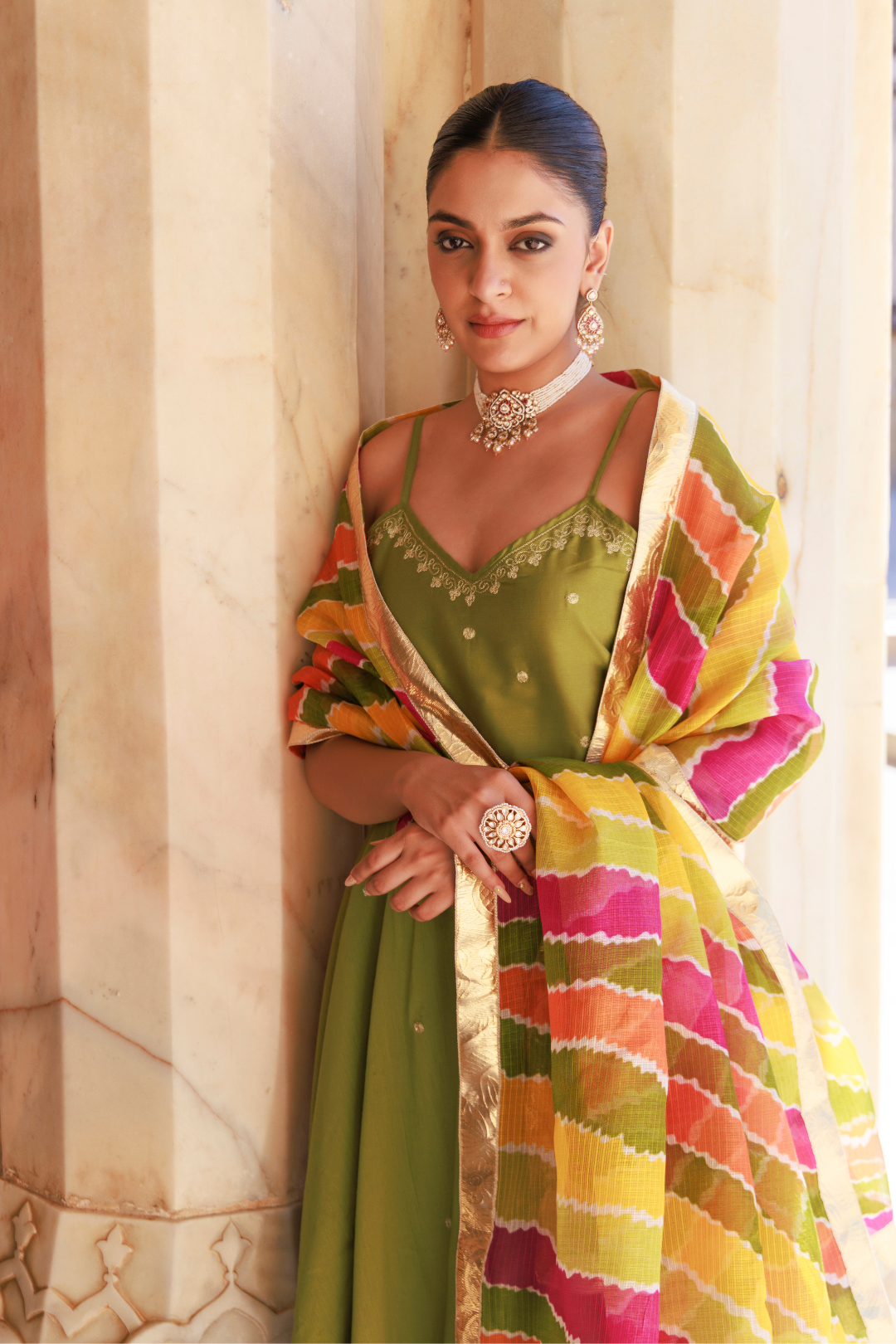 Green Aari Embroidered Dupion Silk Strapy Anarkali Set