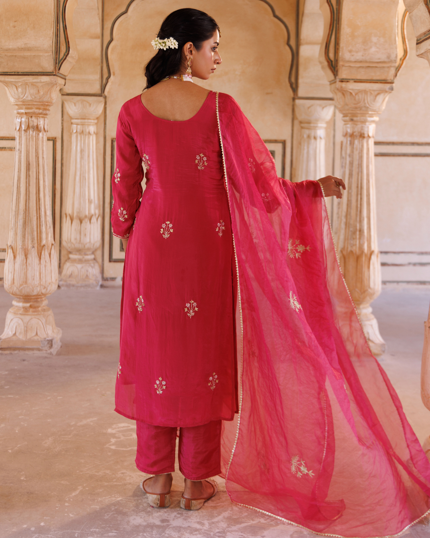 Deep pink silk, hand embroidered Kurta Set