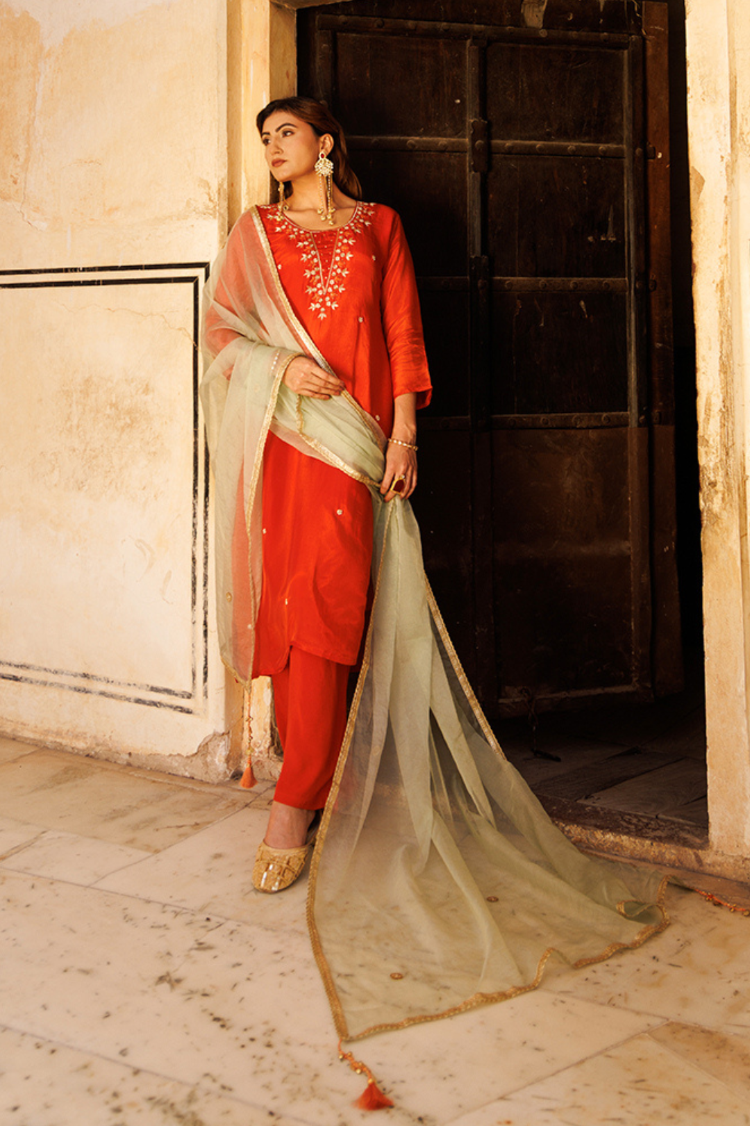 Rust-orange Hand Embroidered Kurta Set