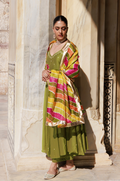 Green Aari Embroidered Dupion Silk Strapy Anarkali Set