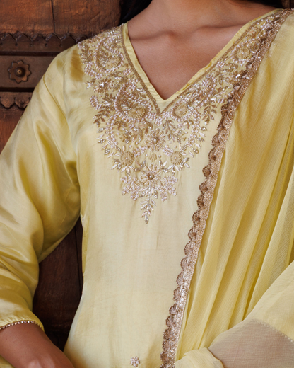 Pastel yellow silk, hand-embroidered Kurta Set