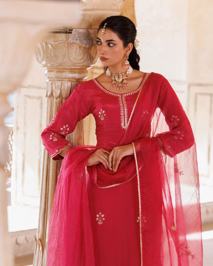 Deep pink silk, hand embroidered Kurta Set