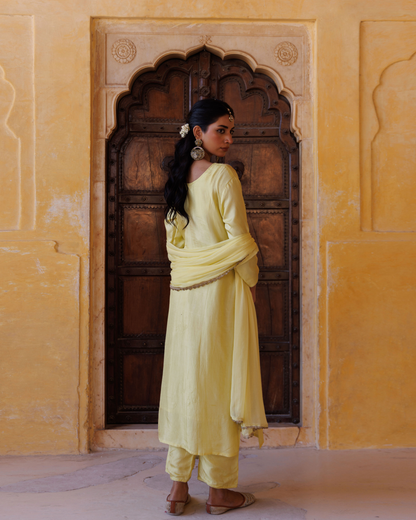 Pastel yellow silk, hand-embroidered Kurta Set