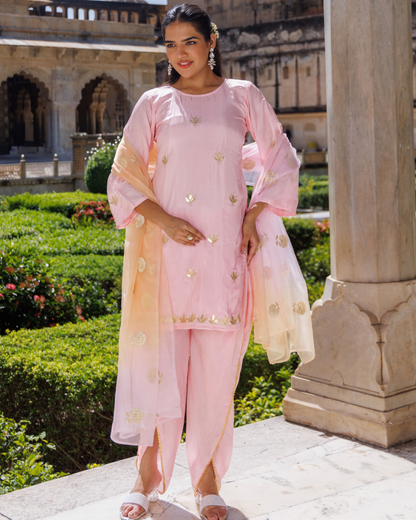 Light pink silk, gota patti work dhoti Set