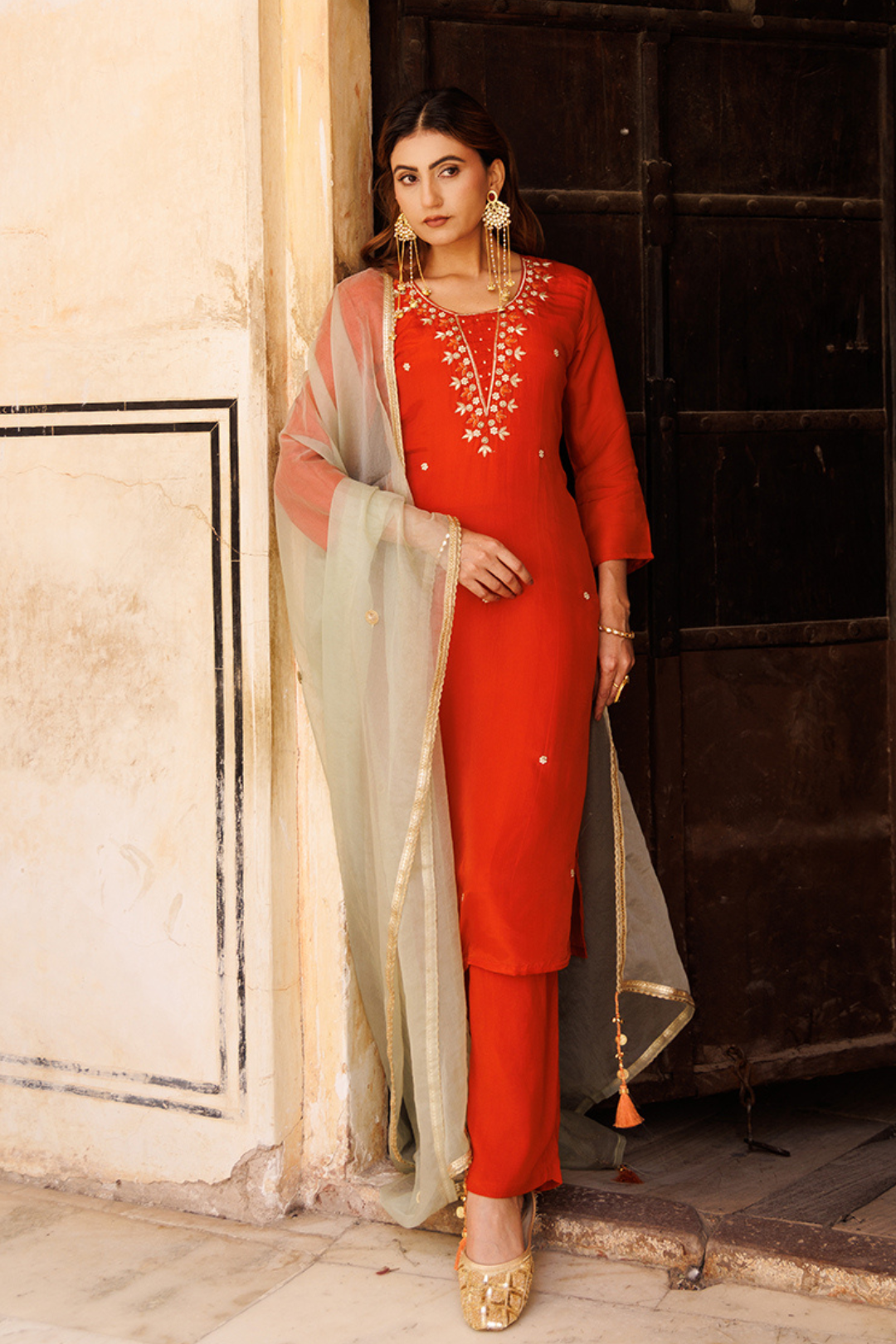 Rust-orange Hand Embroidered Kurta Set