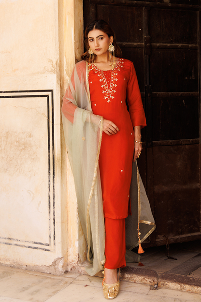 Rust-orange Hand Embroidered Kurta Set