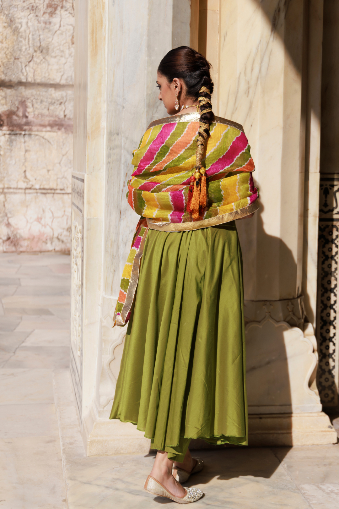 Green Aari Embroidered Dupion Silk Strapy Anarkali Set