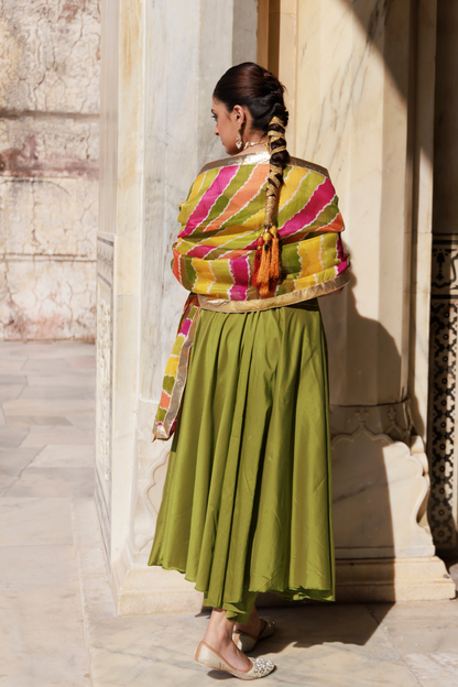 Green Aari Embroidered Dupion Silk Strapy Anarkali Set