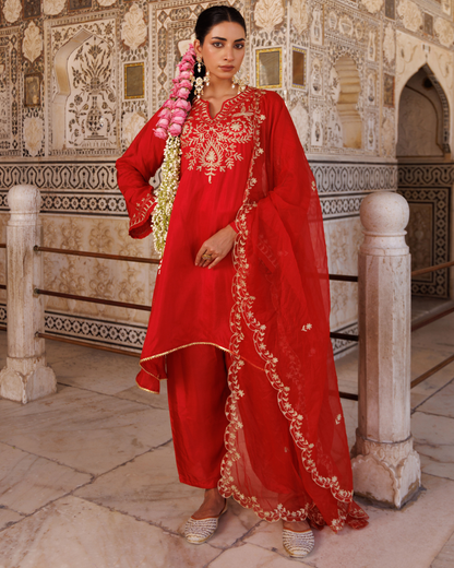 Red silk, hand embroidered kurta Set