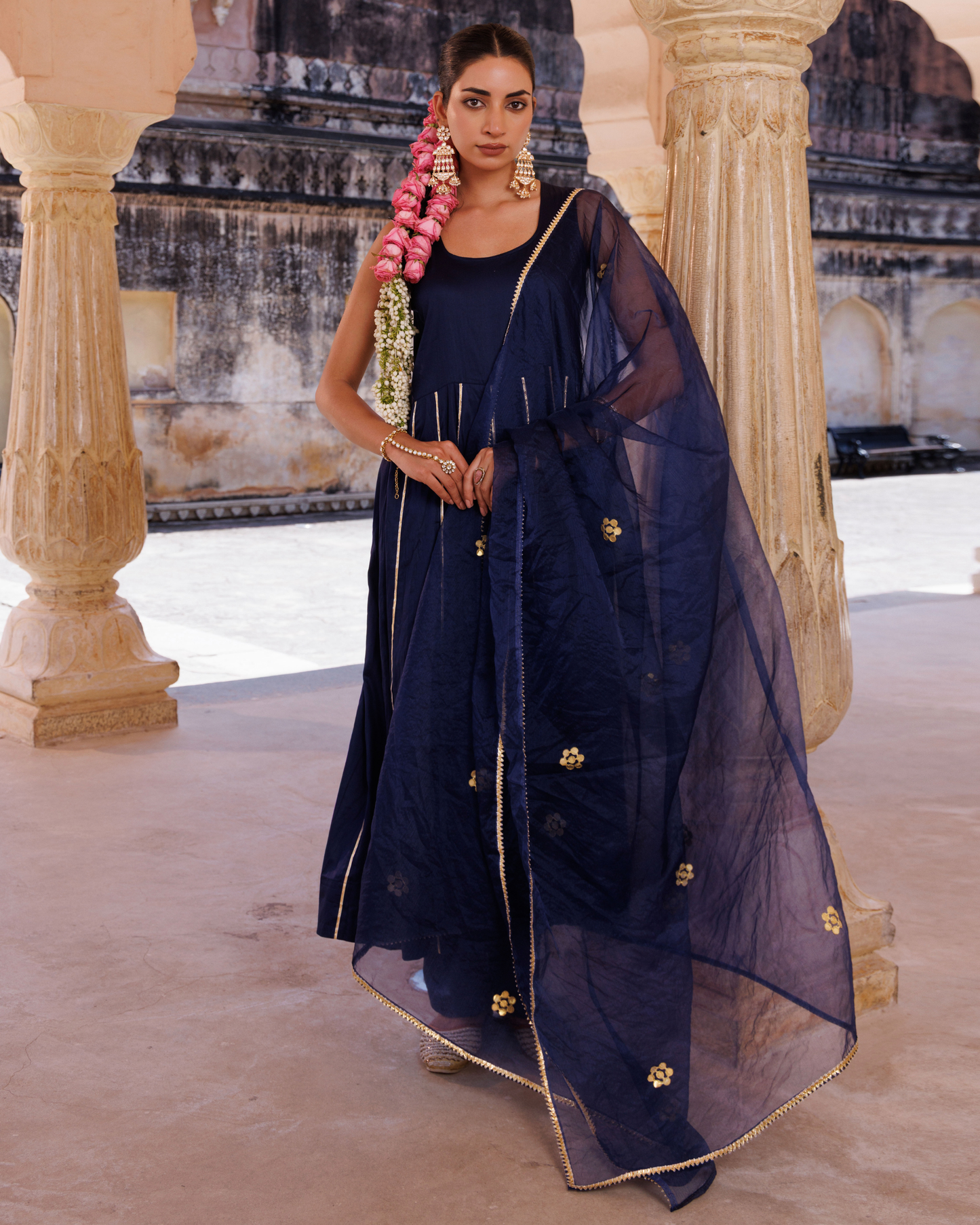 Navy blue cotton silk, gota patti work anrkali set