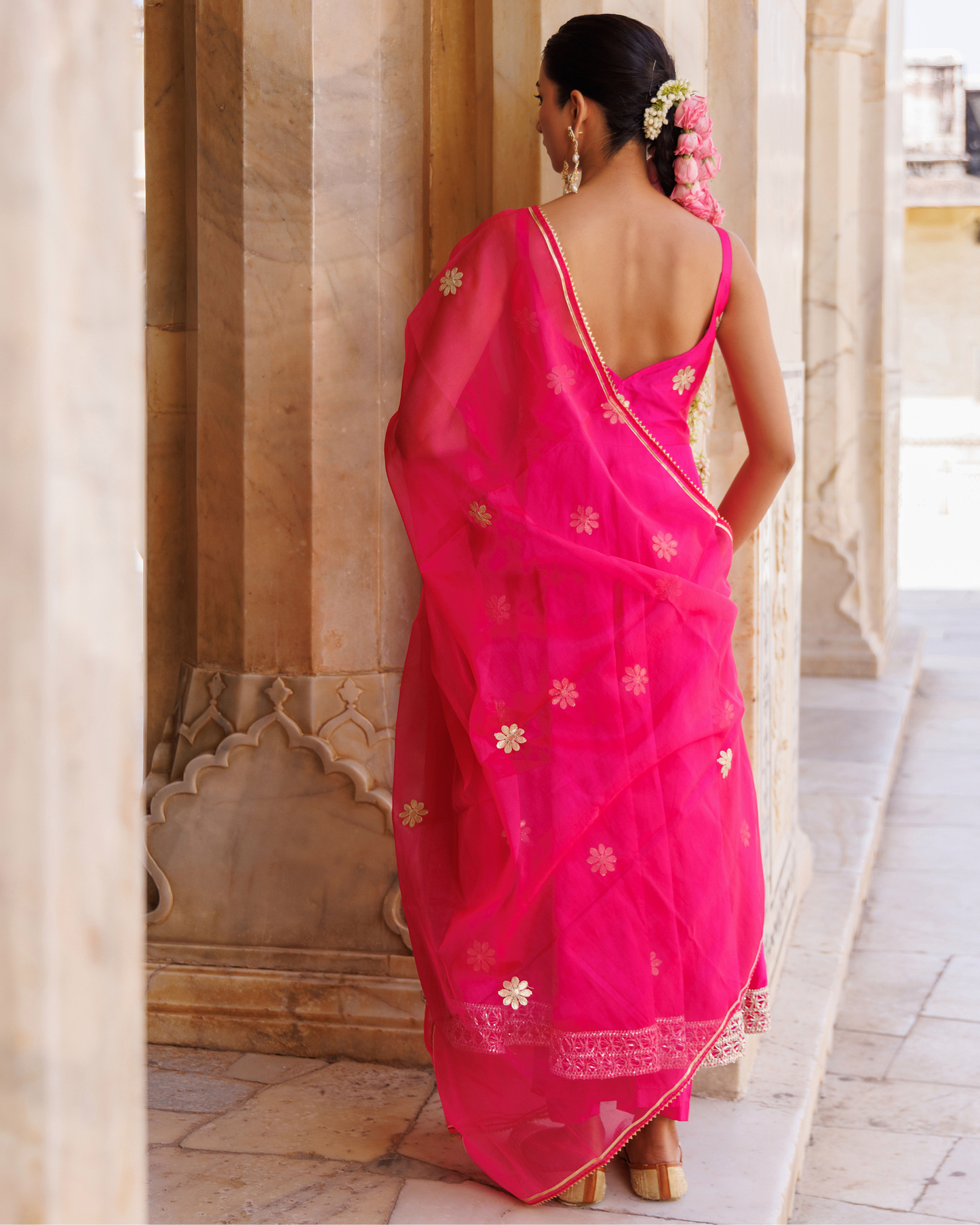 Hot pink taffeta silk, gota patti work anarkali set