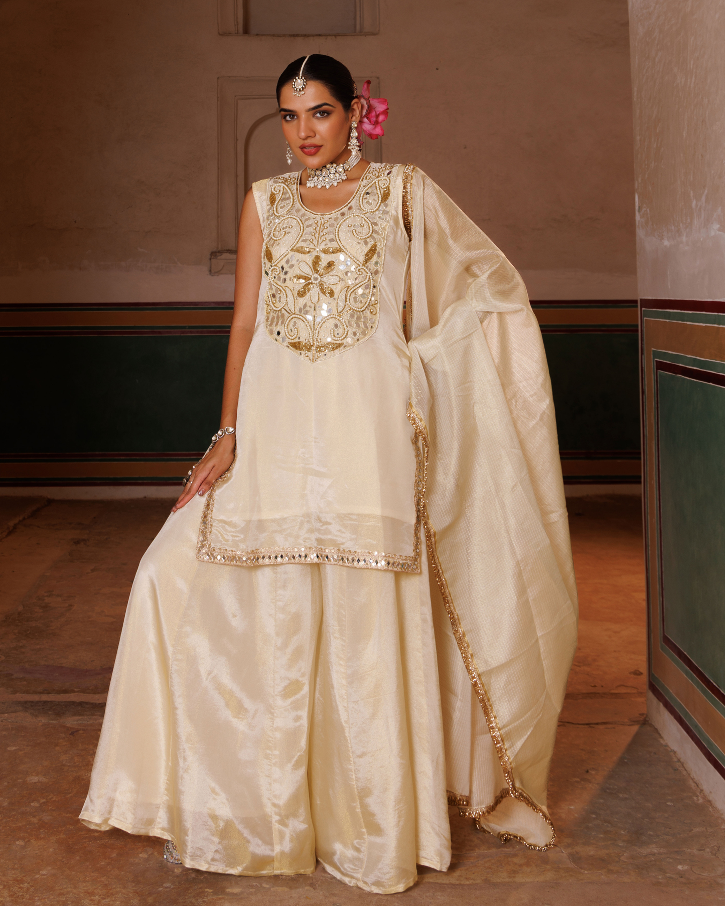 Ivory Tissue Georgette Handwork Embroidered Sharara Set