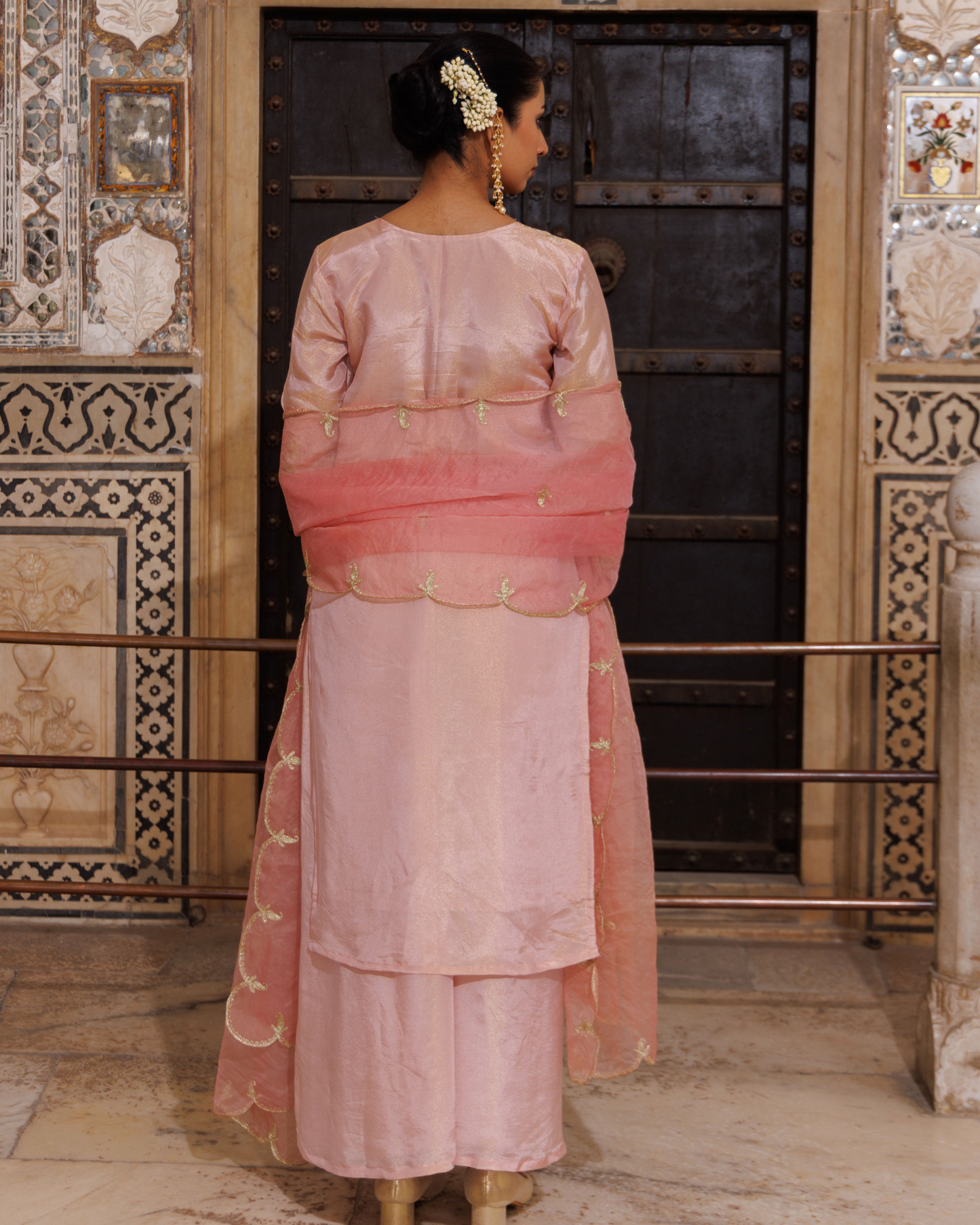 Pink tissue georgette, aari embroidered kurta set