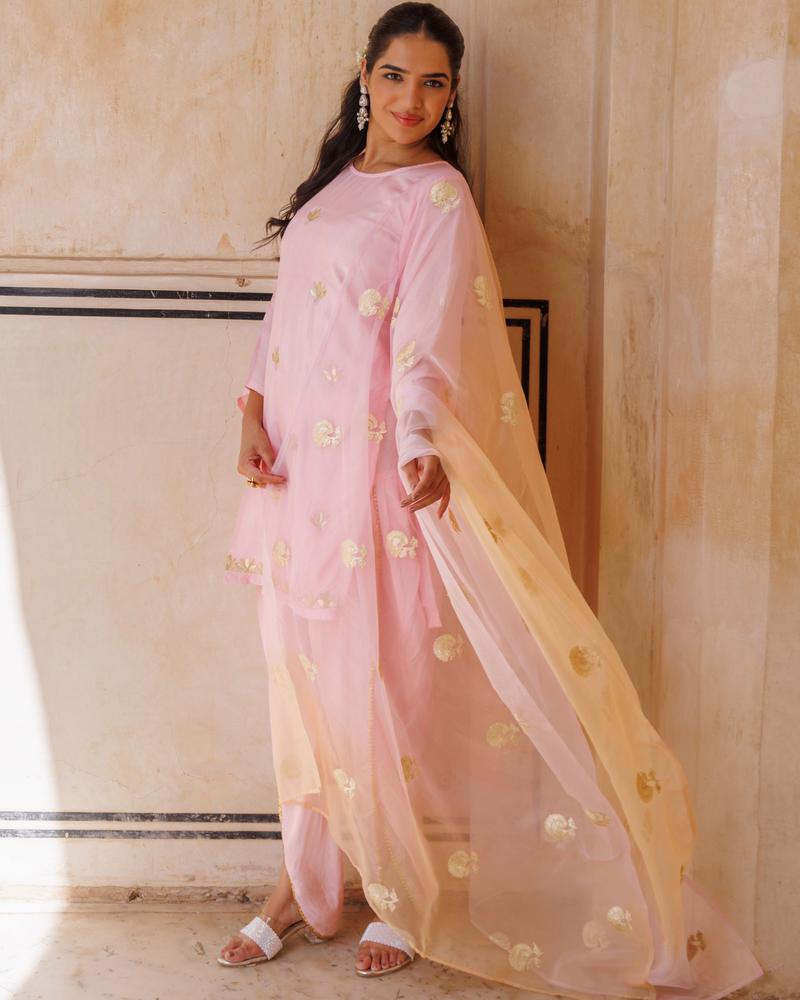 Light pink silk, gota patti work dhoti Set