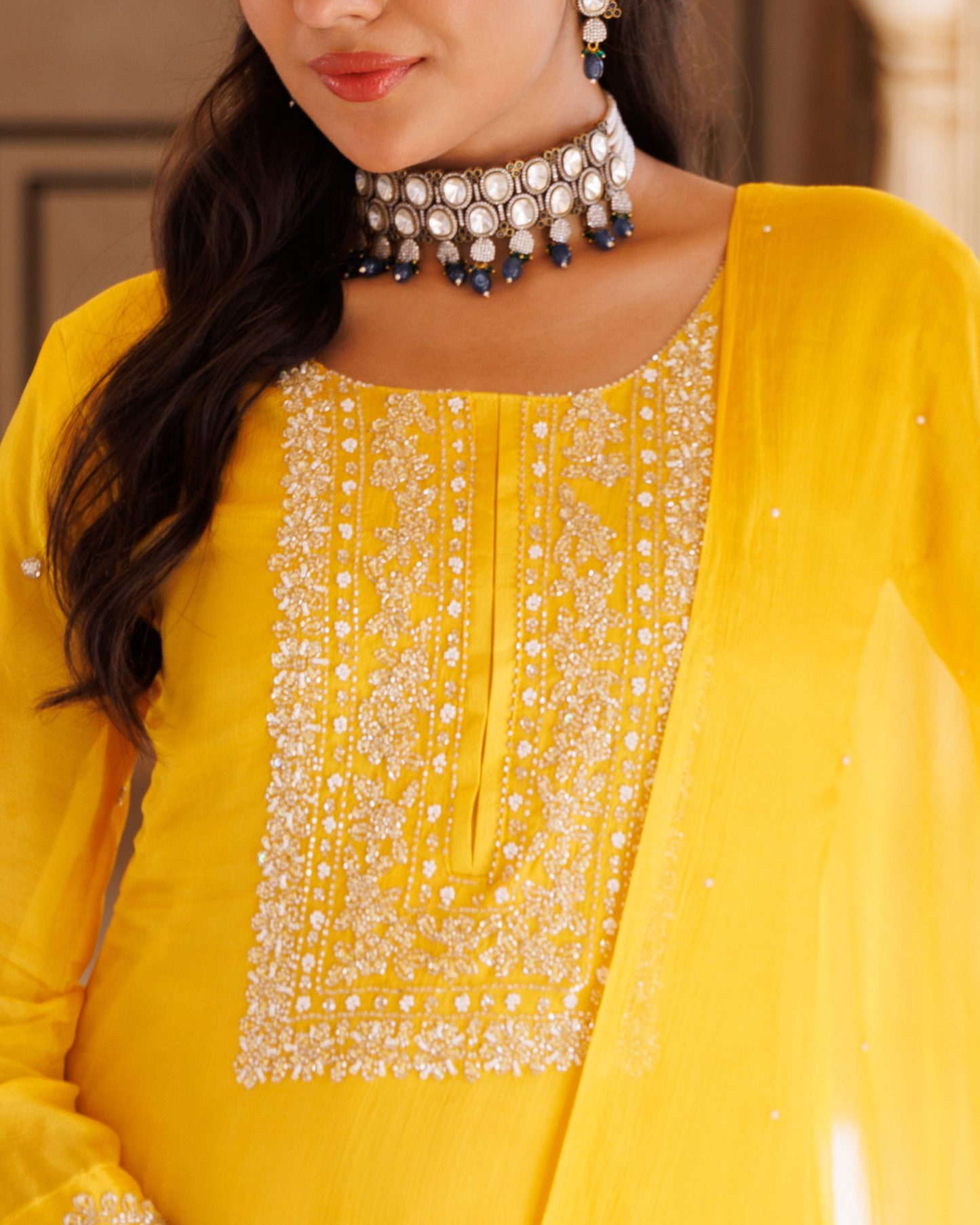 Yellow silk, hand-embroidered sharara set