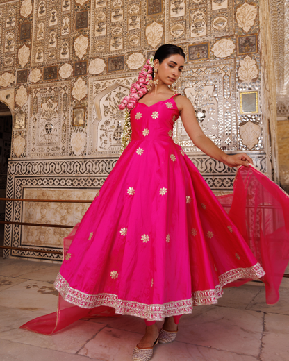 Hot pink taffeta silk, gota patti work anarkali set