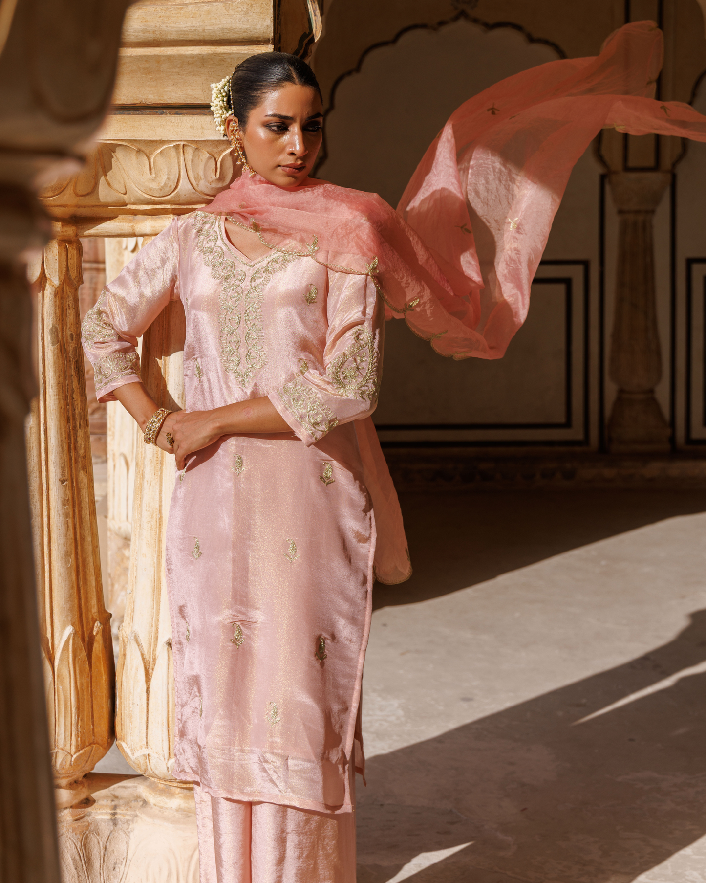 Pink tissue georgette, aari embroidered kurta set