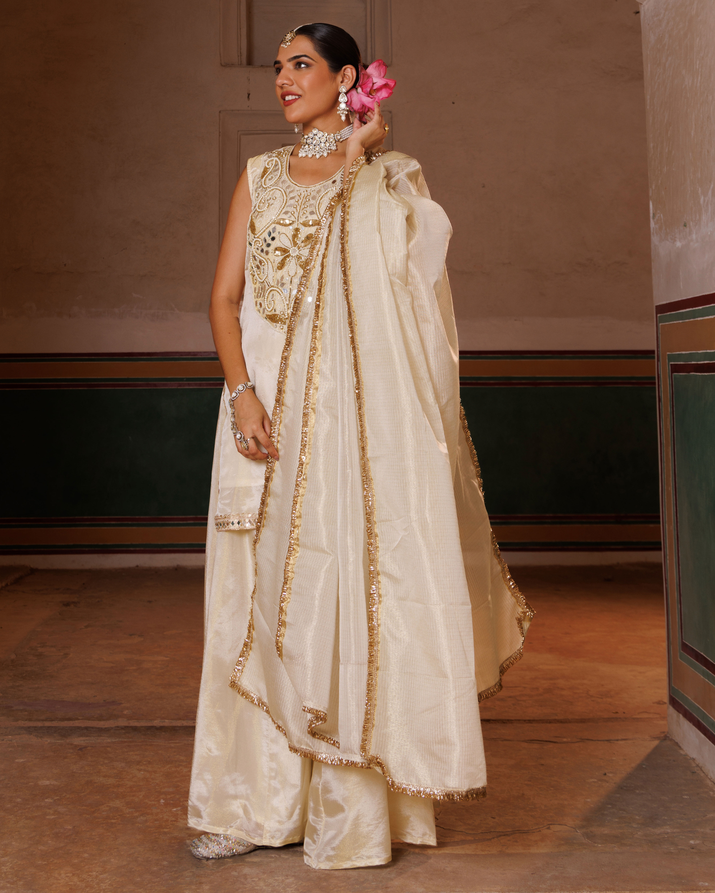 Ivory Tissue Georgette Handwork Embroidered Sharara Set