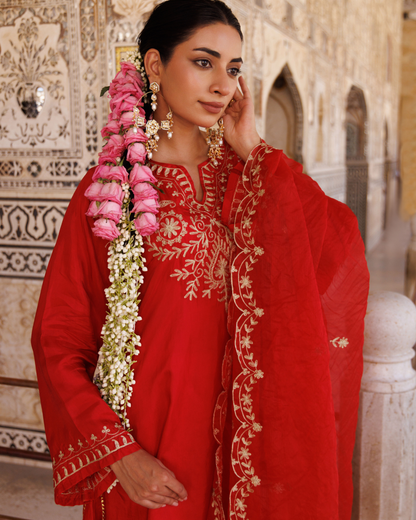 Red silk, hand embroidered kurta Set