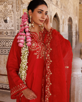 Red silk, aari embroidered kurta Set