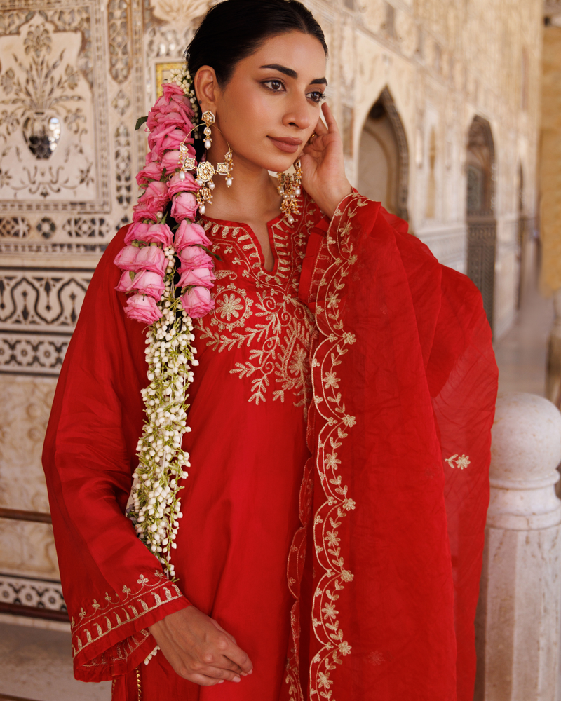 Red silk, aari embroidered kurta Set