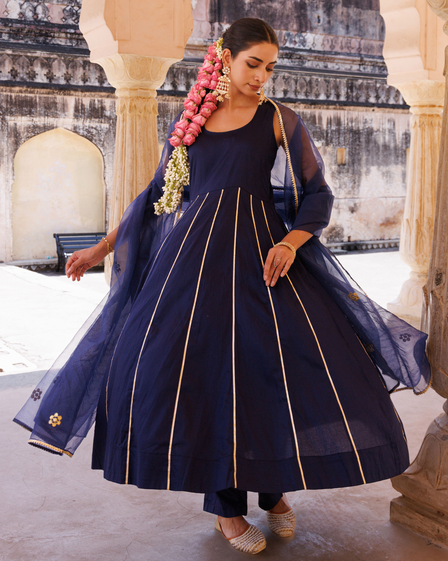 Navy blue cotton silk, gota patti work anrkali set