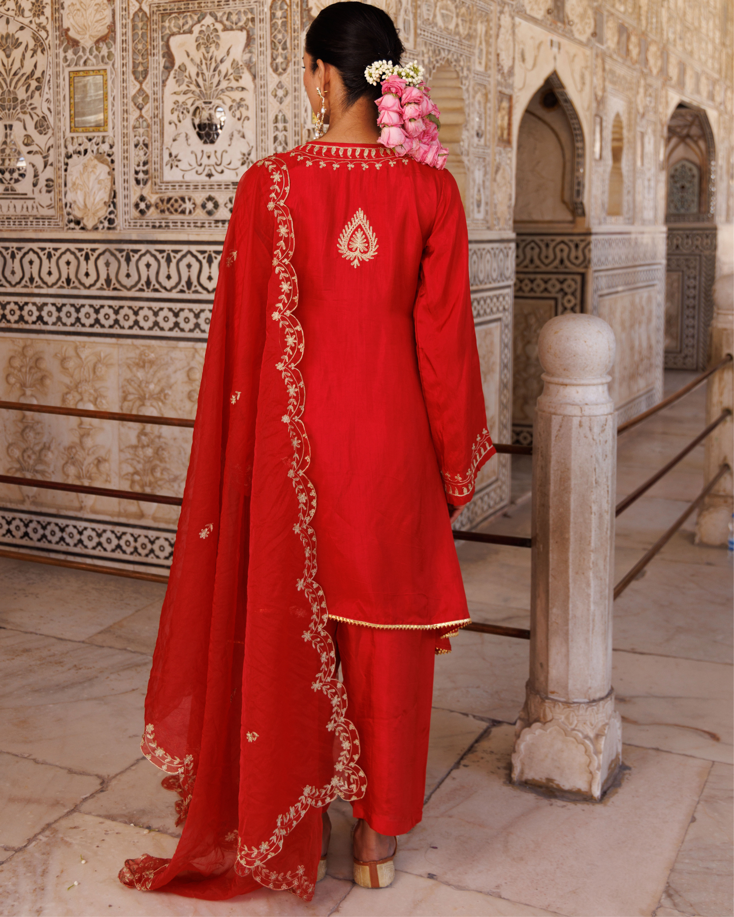 Red silk, hand embroidered kurta Set