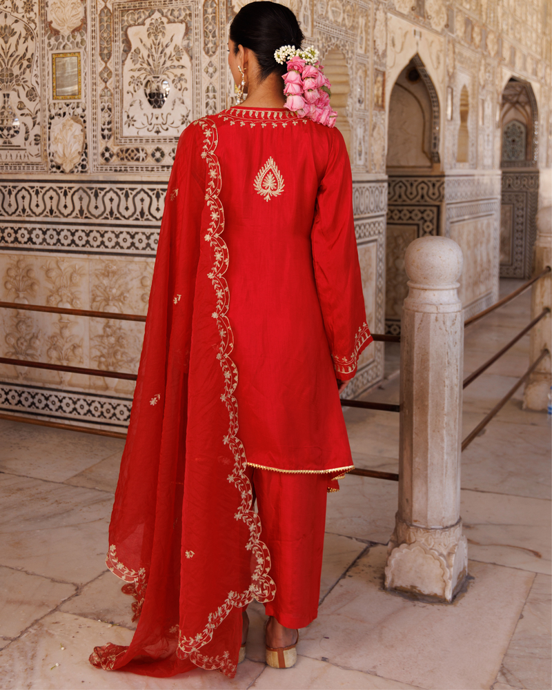 Red silk, aari embroidered kurta Set