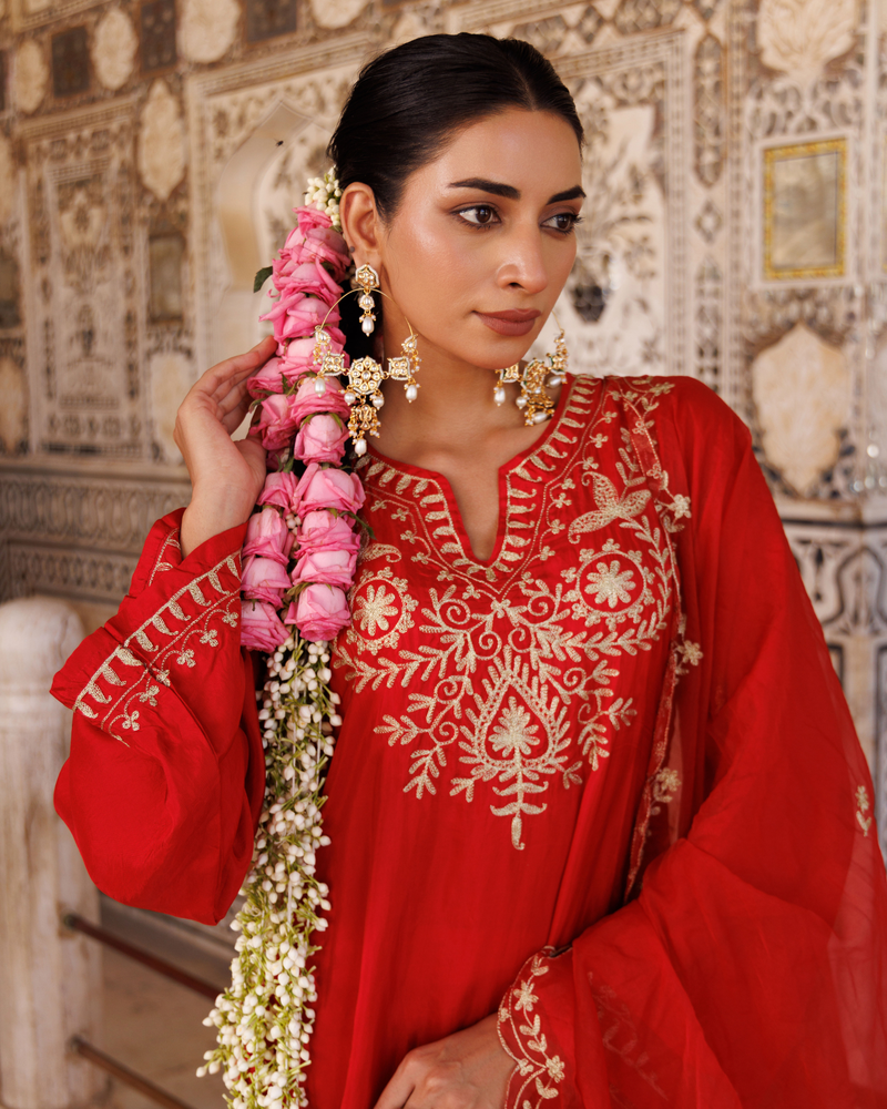 Red silk, aari embroidered kurta Set