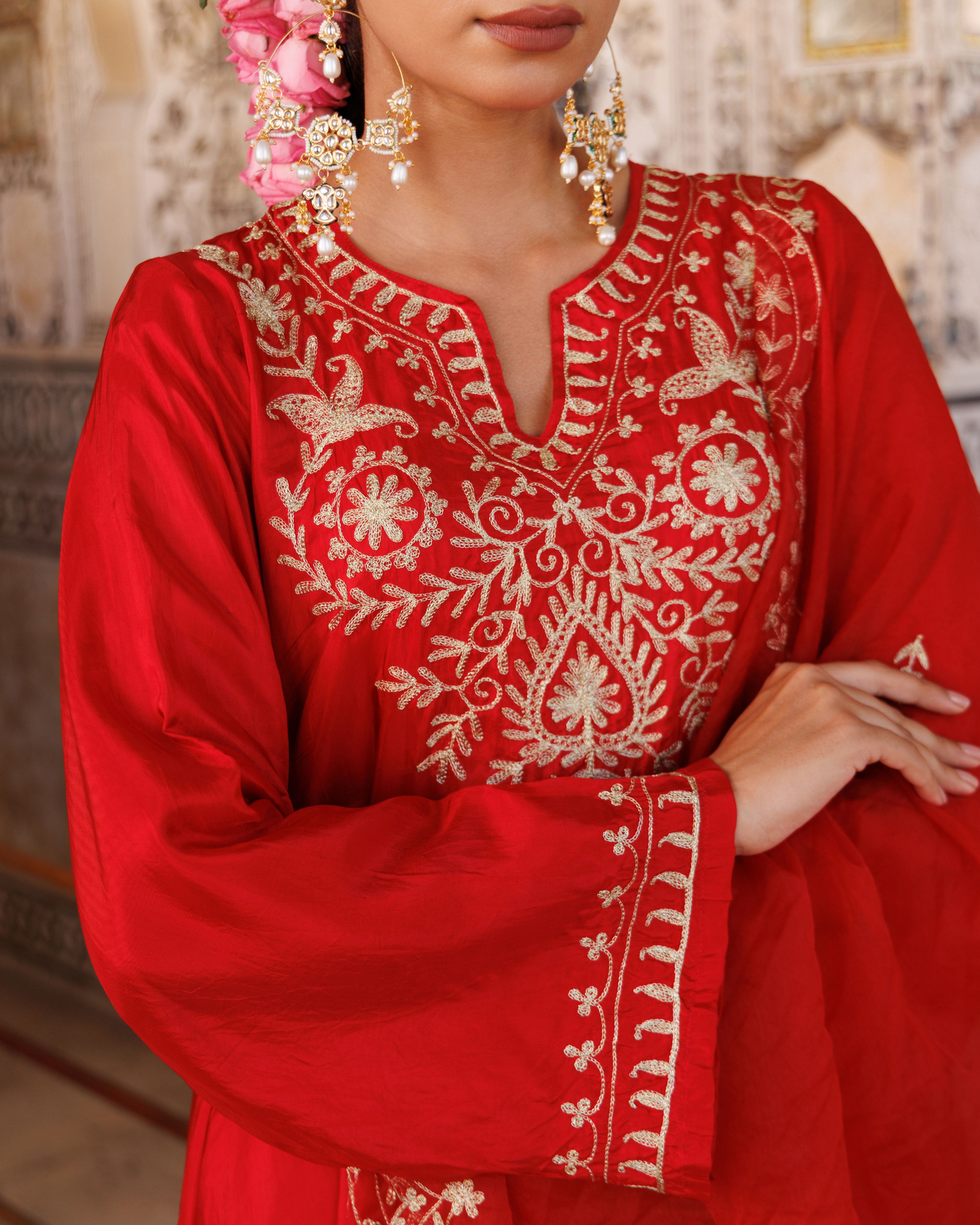 Red silk, hand embroidered kurta Set
