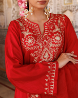 Red silk, aari embroidered kurta Set