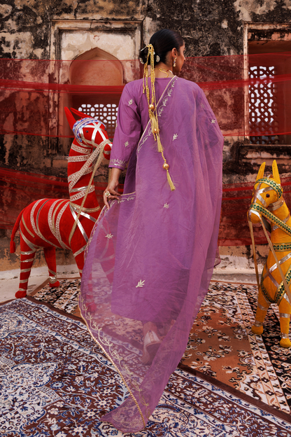 Lavender Cotton Aari -Taari Embroidered Anarkali Set