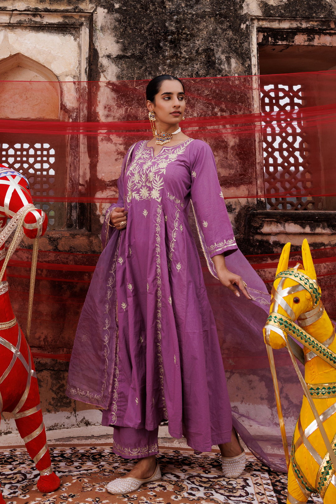 Lavender Cotton Aari -Taari Embroidered Anarkali Set
