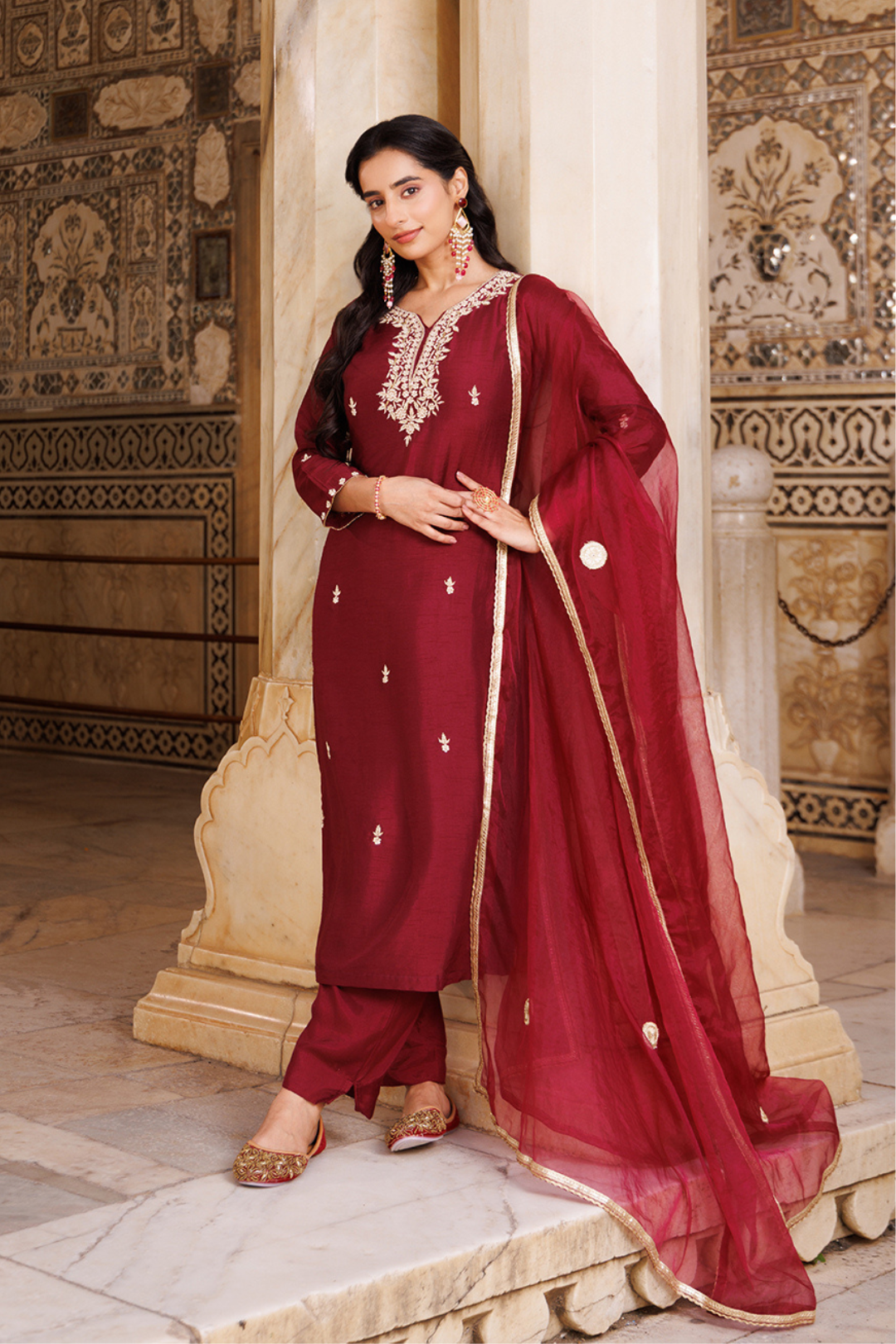 Wine Hand Embroidered Uppada Silk Kurta Set