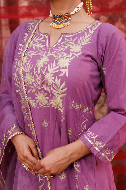 Lavender Cotton Aari -Taari Embroidered Anarkali Set