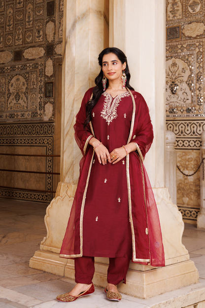 Wine Hand Embroidered Uppada Silk Kurta Set