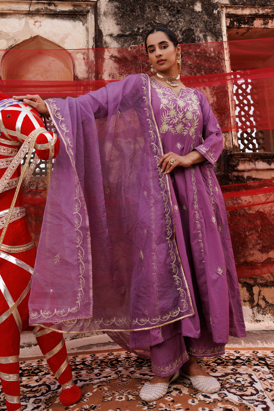 Lavender Cotton Aari -Taari Embroidered Anarkali Set