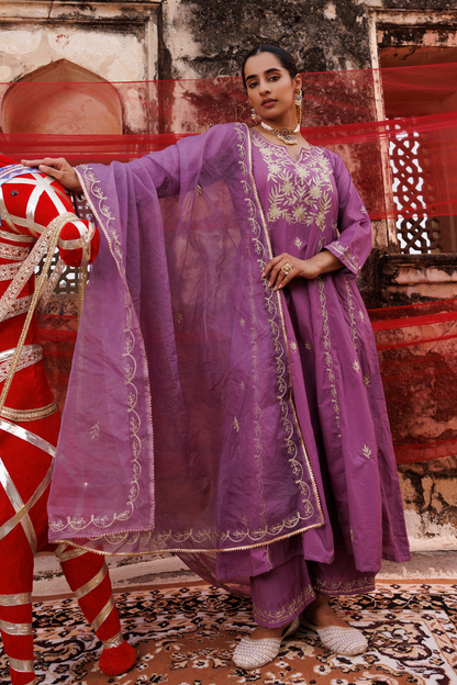 Lavender Cotton Aari -Taari Embroidered Anarkali Set