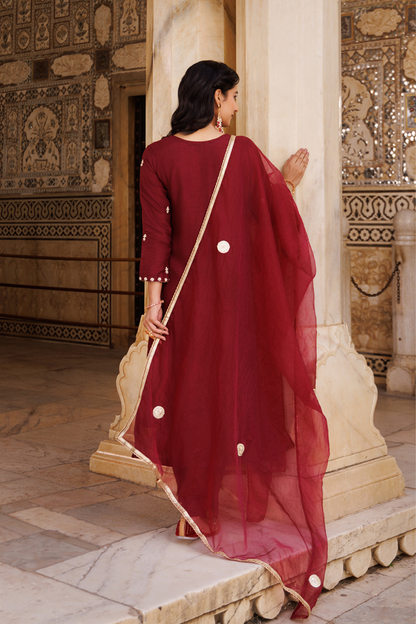 Wine Hand Embroidered Uppada Silk Kurta Set
