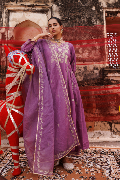 Lavender Cotton Aari -Taari Embroidered Anarkali Set