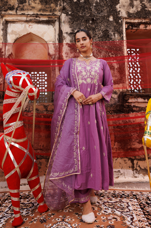 Lavender Cotton Aari -Taari Embroidered Anarkali Set