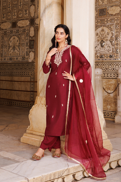Wine Hand Embroidered Uppada Silk Kurta Set