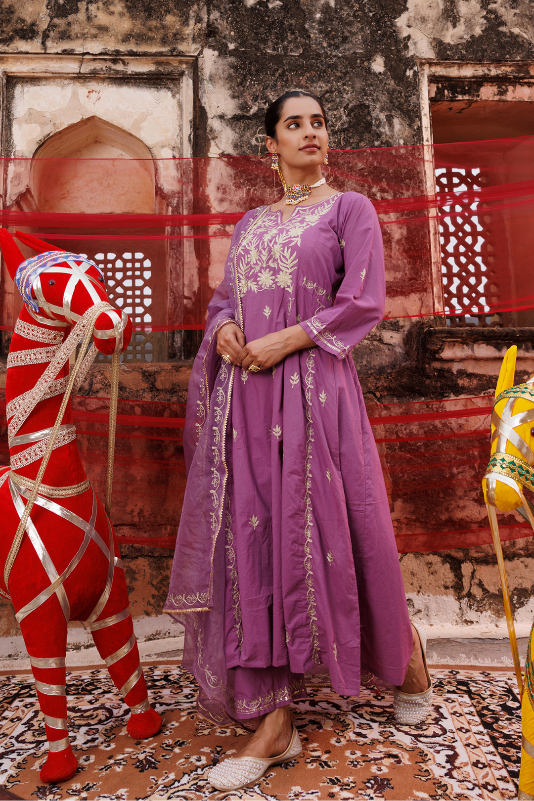 Lavender Cotton Aari -Taari Embroidered Anarkali Set
