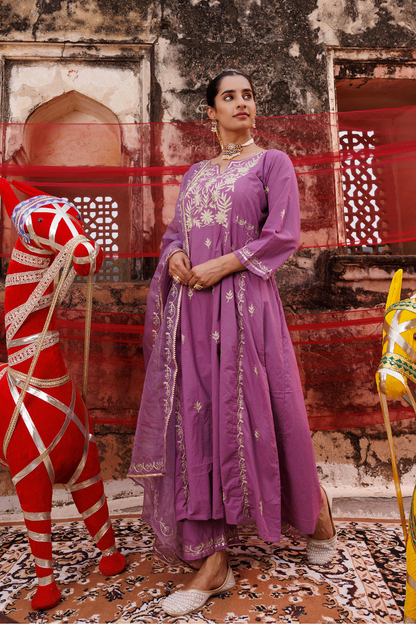 Lavender Cotton Aari -Taari Embroidered Anarkali Set
