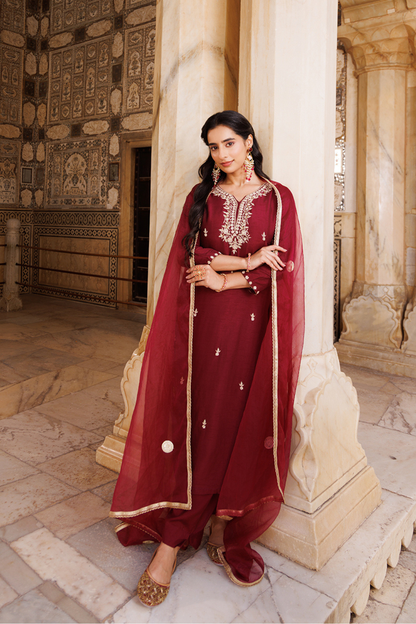 Wine Hand Embroidered Uppada Silk Kurta Set