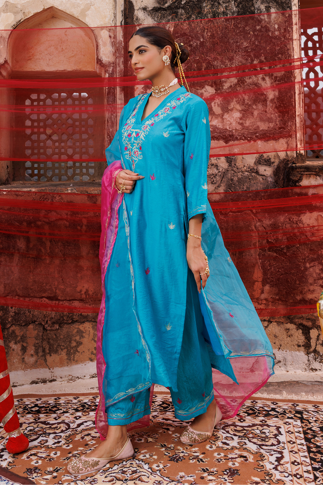 Teal Blue Chanderi Kurta Set with Dual Shade Dupatta.