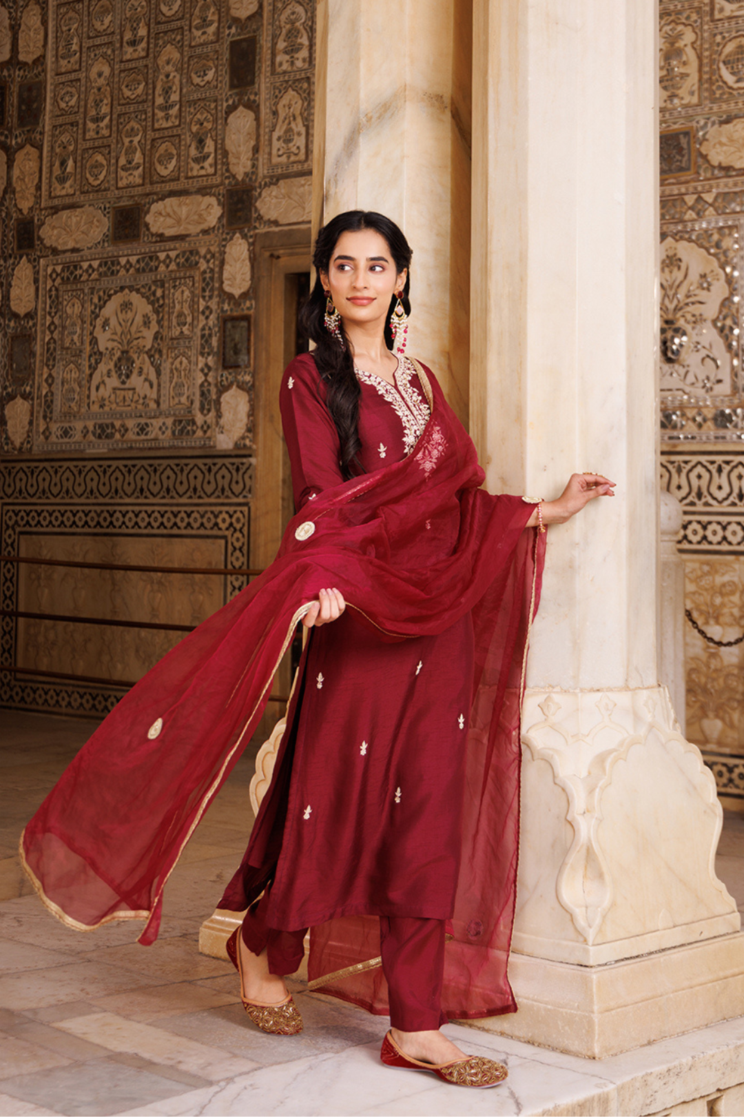 Wine Hand Embroidered Uppada Silk Kurta Set