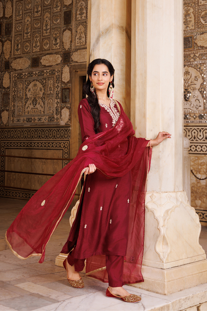 Wine Hand Embroidered Uppada Silk Kurta Set