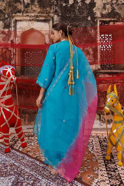 Teal Blue Chanderi Kurta Set with Dual Shade Dupatta.
