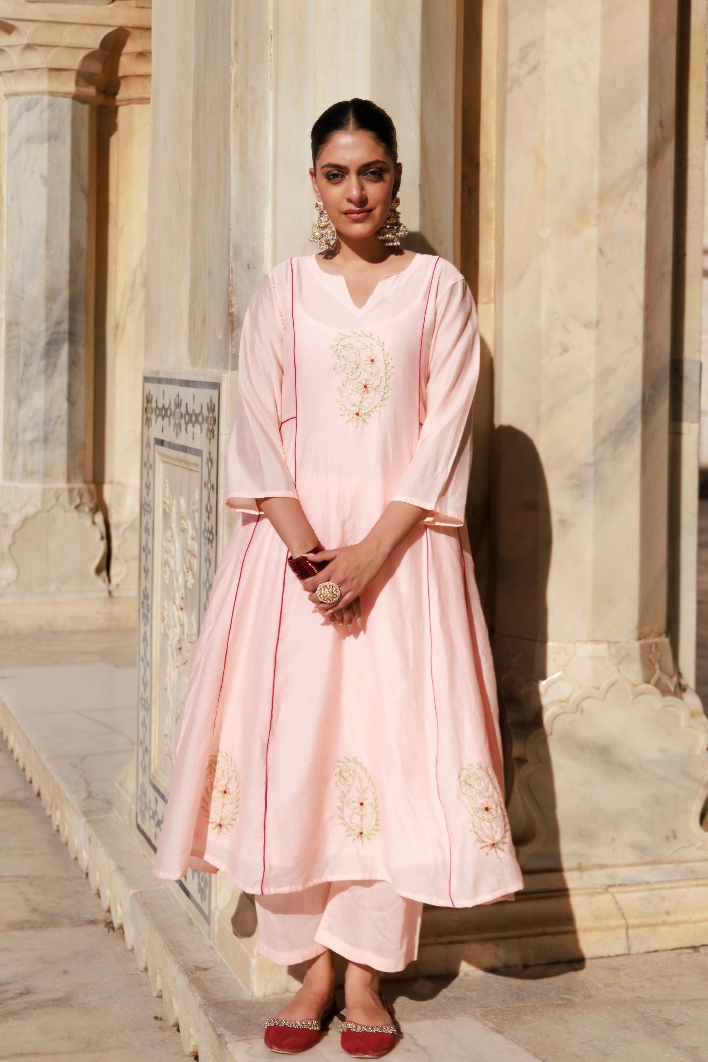 Peach Chanderi Aari Embroidered Anarkali Set